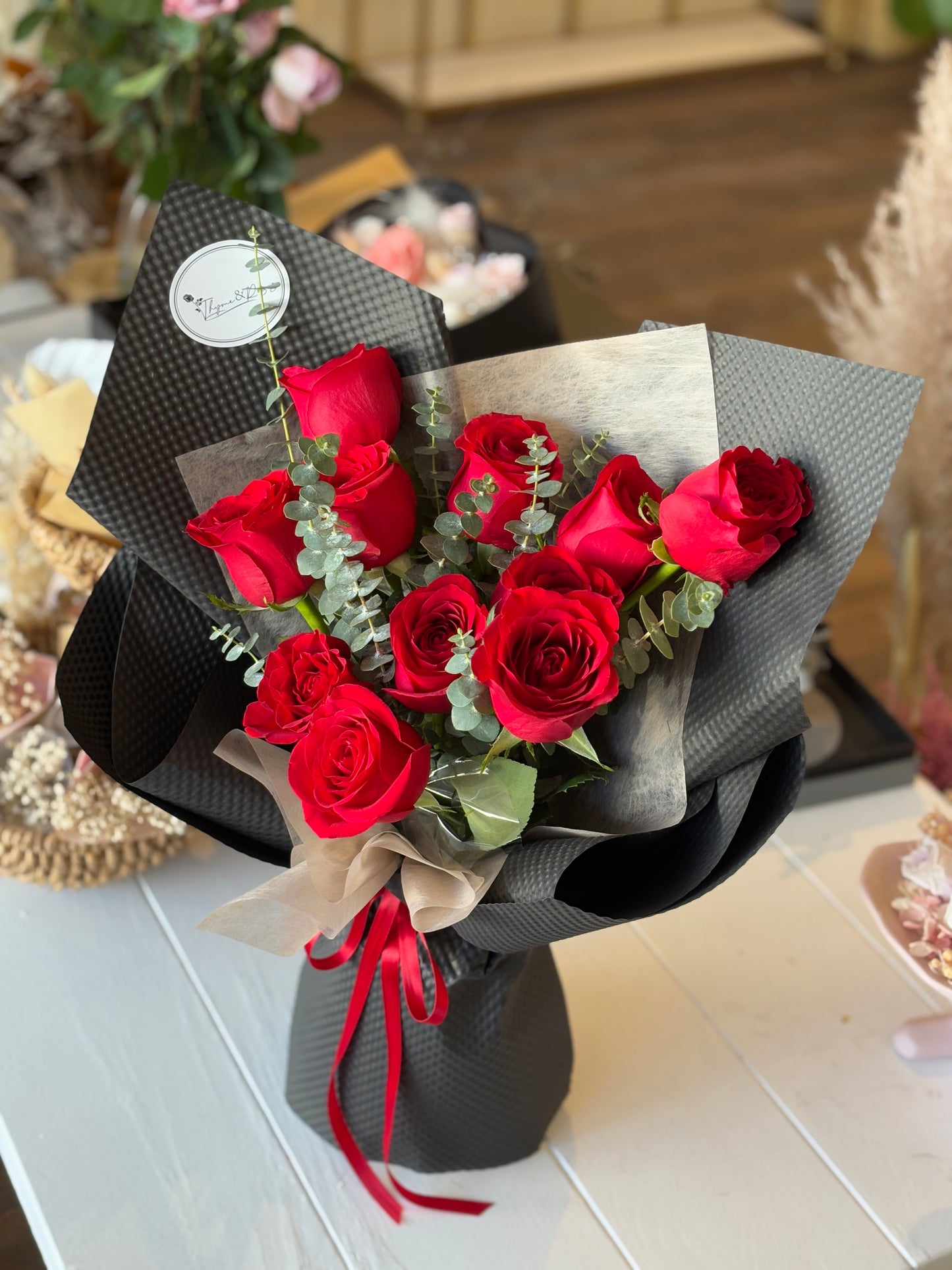 Red Rose and Eucalyptus Leaf Bouquet