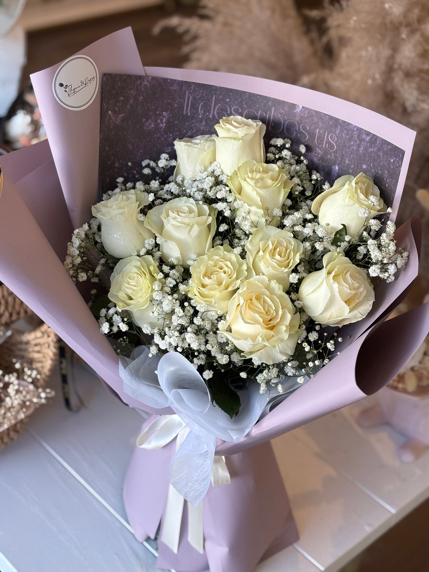White Roses and Baby's Breath Bouquet