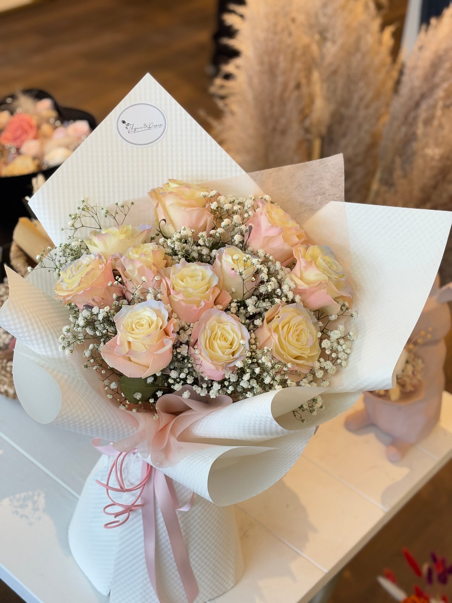 Butterfly Aurora  Rose & Baby Breath Bouquet