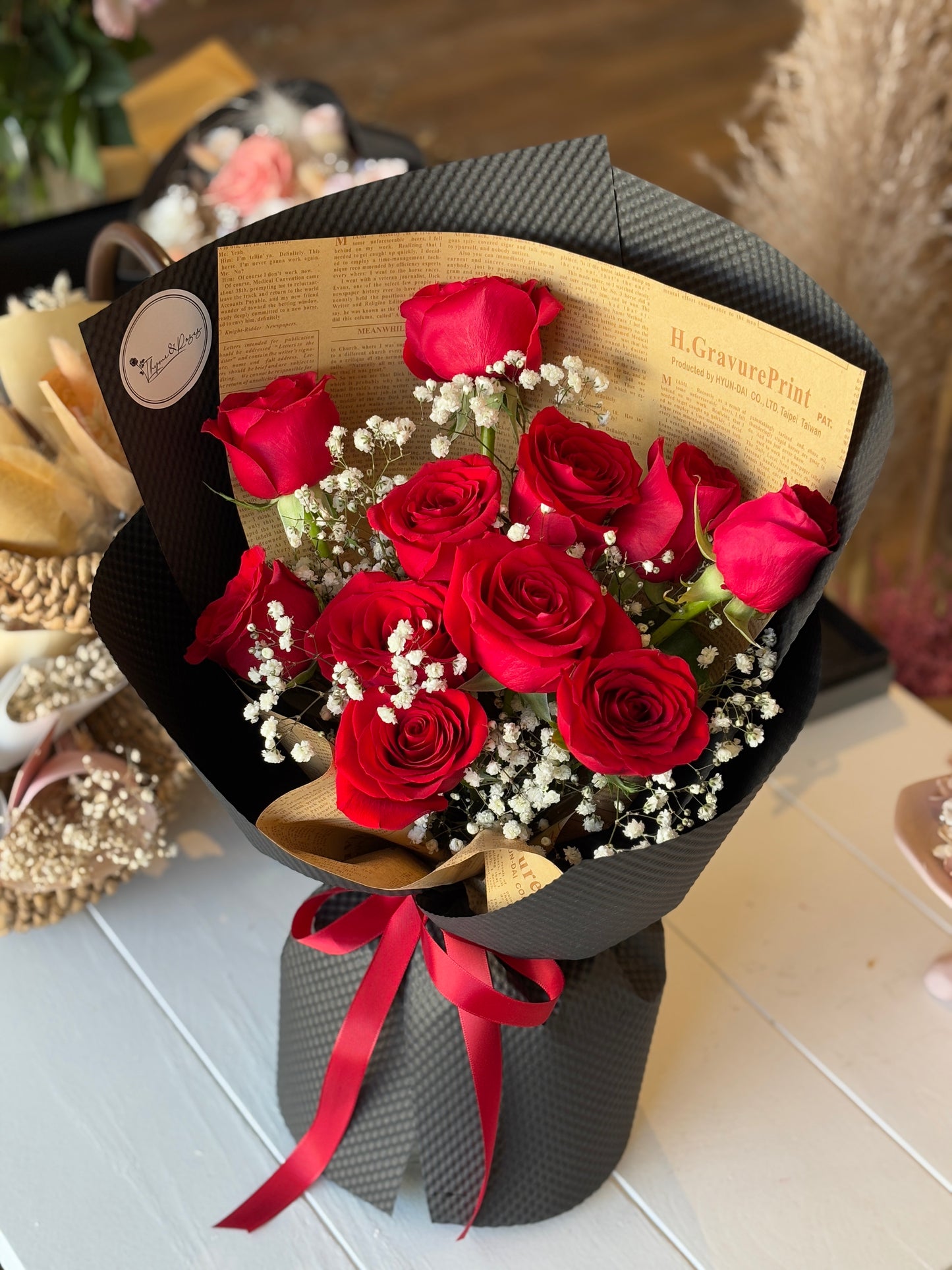 Vintage Red Rose and Baby's Breath Bouquet