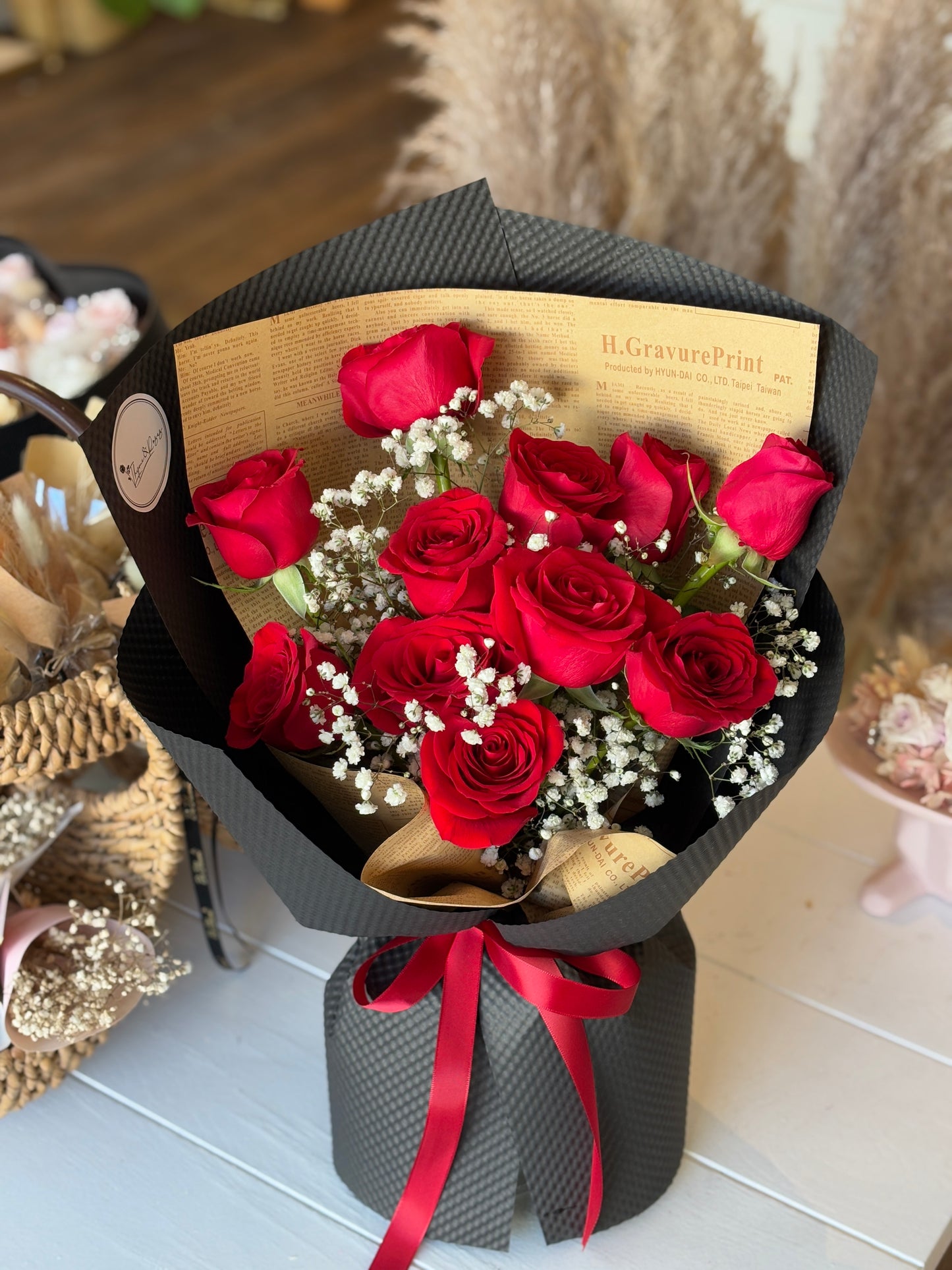 Vintage Red Rose and Baby's Breath Bouquet