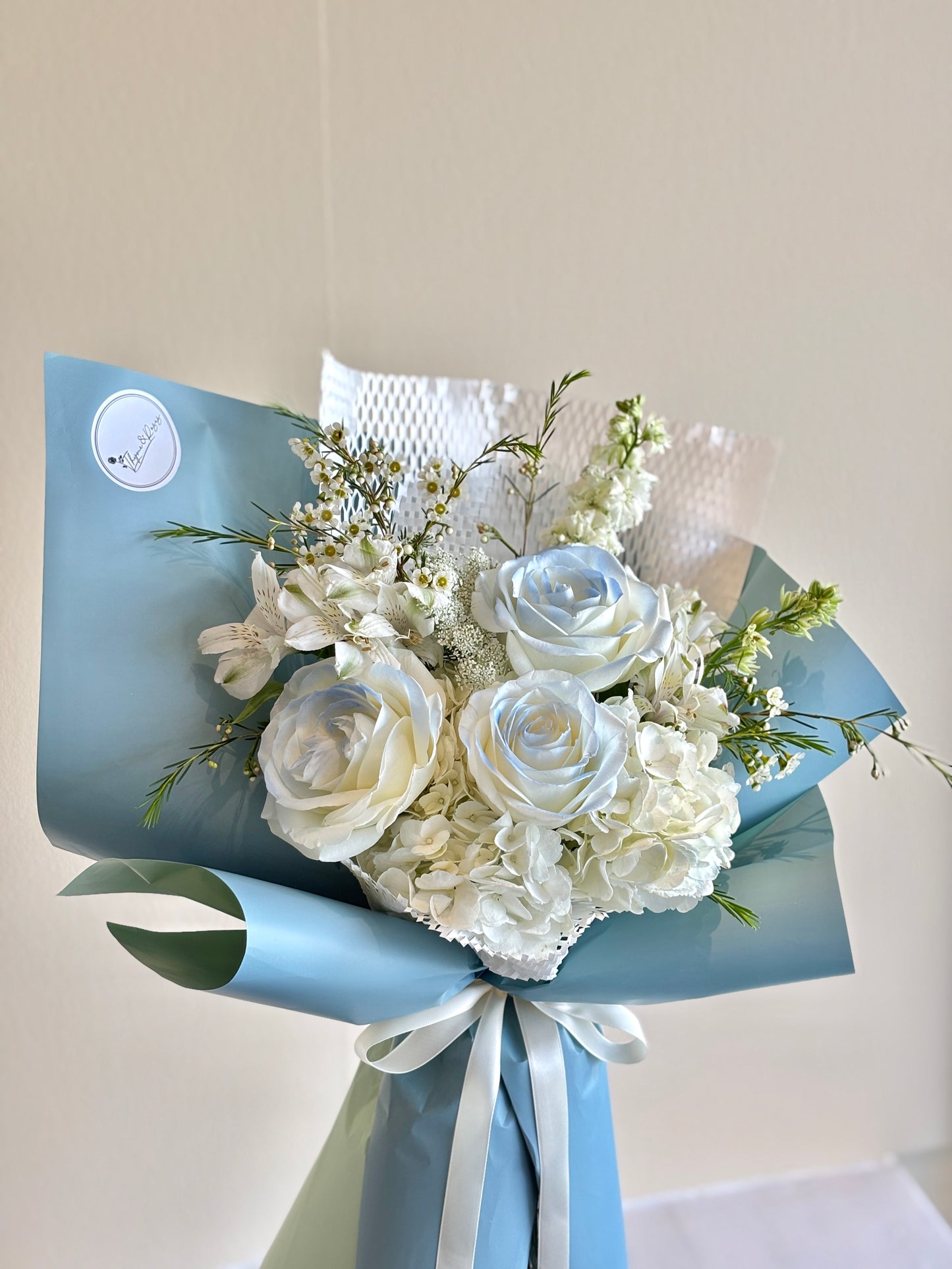 Blue roses & White hydrangea mixed bouquet