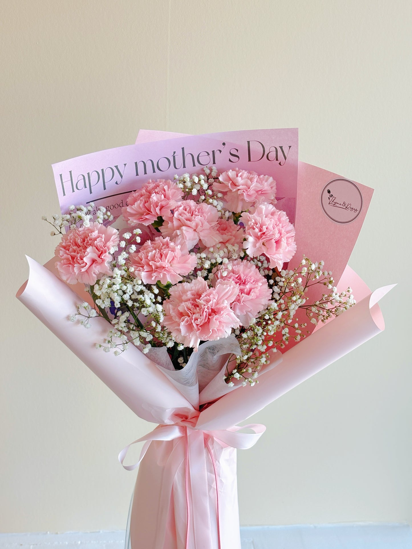 Mother's Day Bouquet - 9 Pink Carnations + Baby's Breath