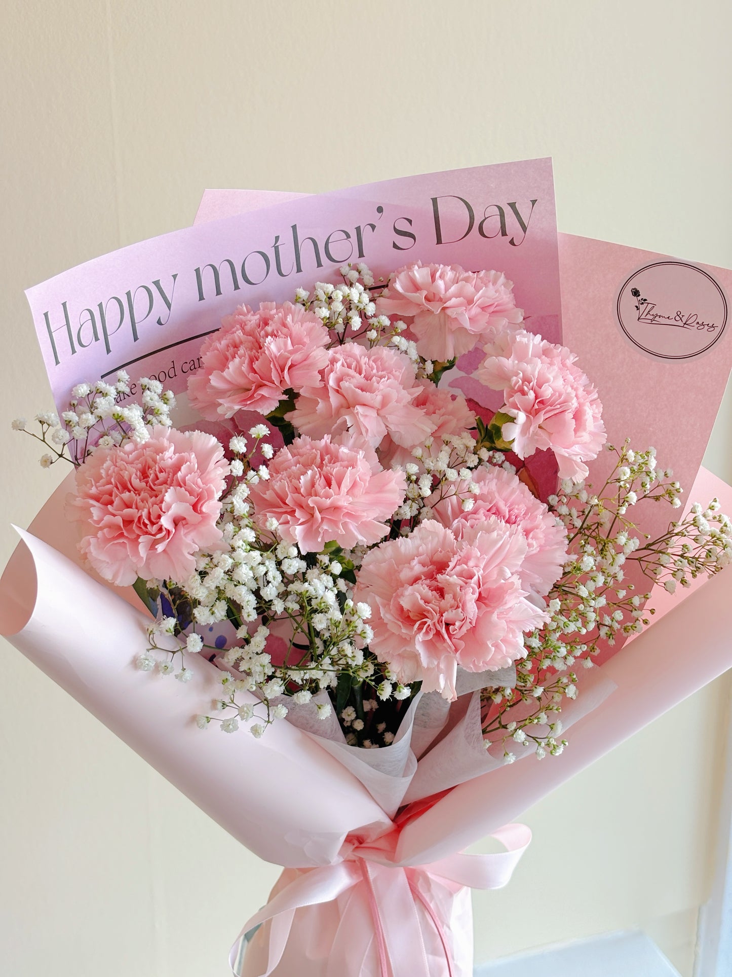 Mother's Day Bouquet - 9 Pink Carnations + Baby's Breath