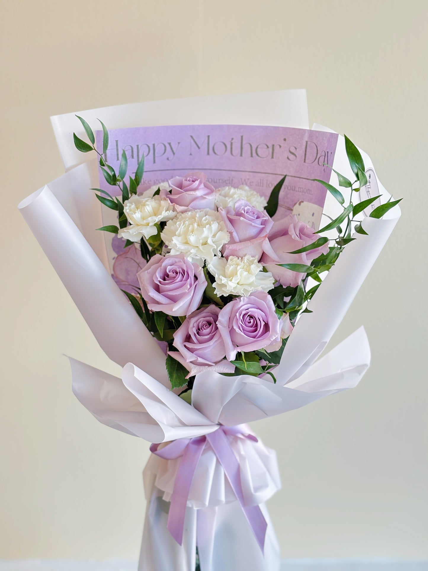 Mother's Day Bouquet - 6 Purple Roses + White Carnations