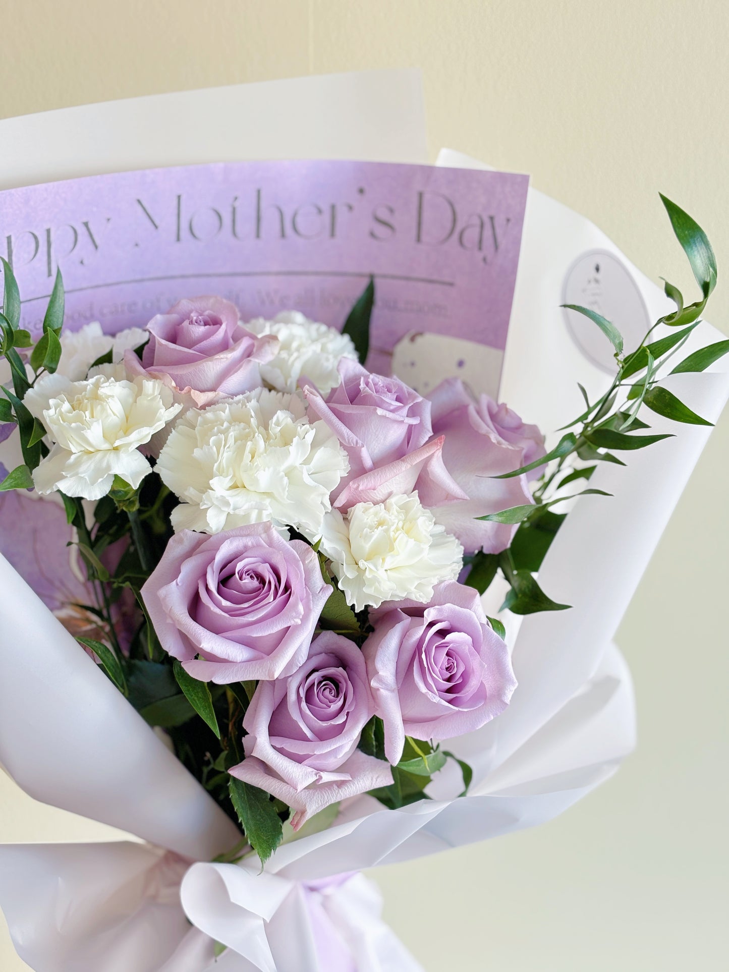 Mother's Day Bouquet - 6 Purple Roses + White Carnations