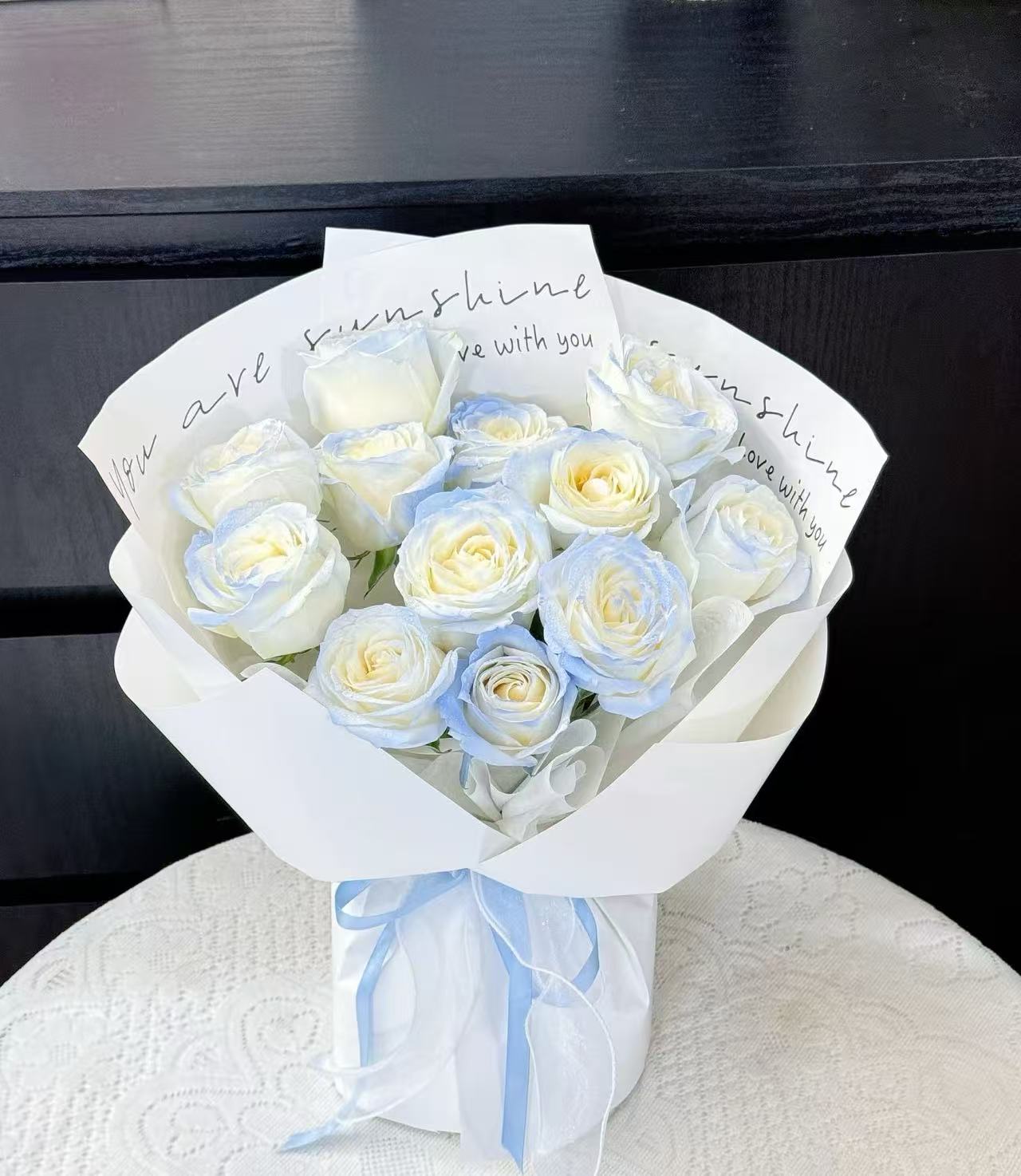 Ocean Whisper-12 blue-tinted white roses bouquet