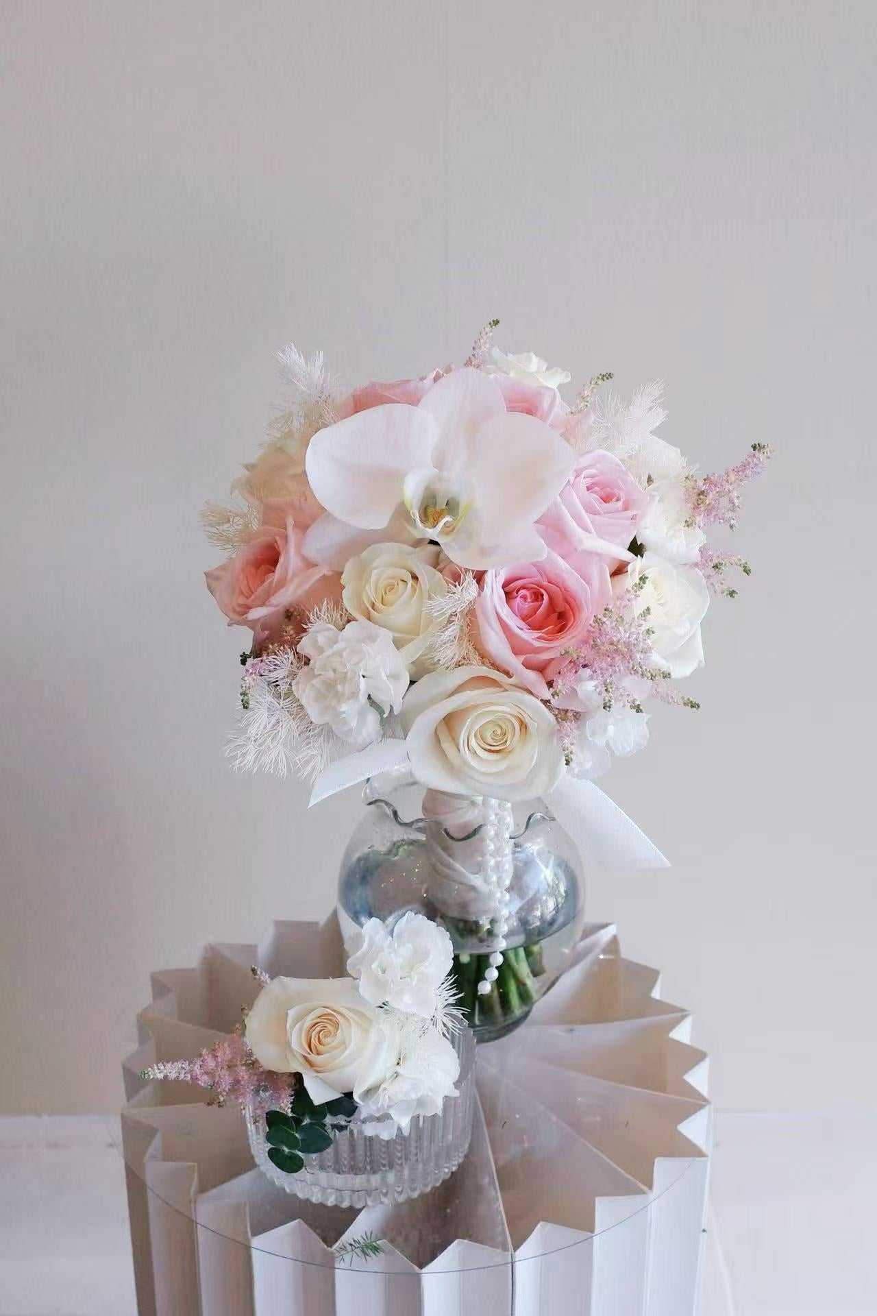 Round Bridal Bouquet-Orchids and Pink & White roses