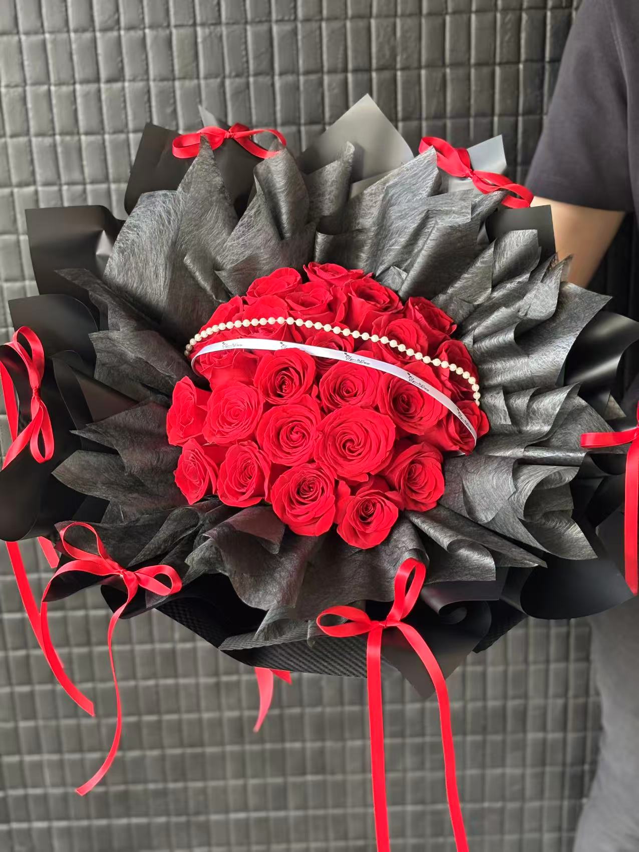 Timeless Love-24 red roses with black wrapping bouquet