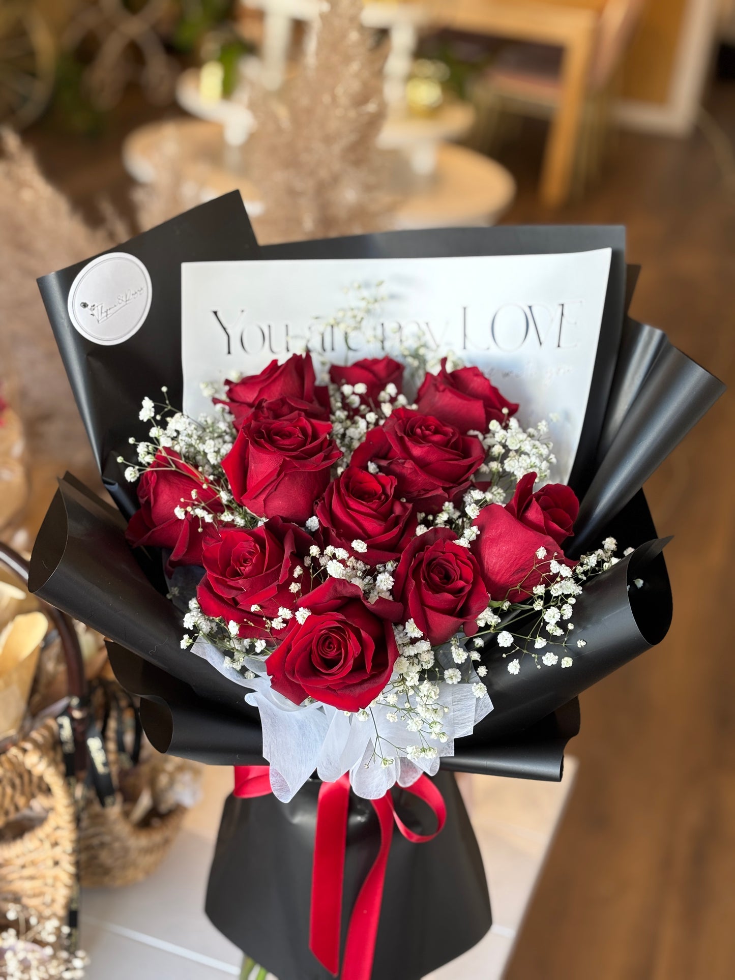 Red Roses and Baby's Breath Bouquet