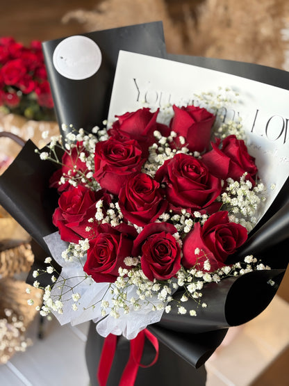 Red Roses and Baby's Breath Bouquet