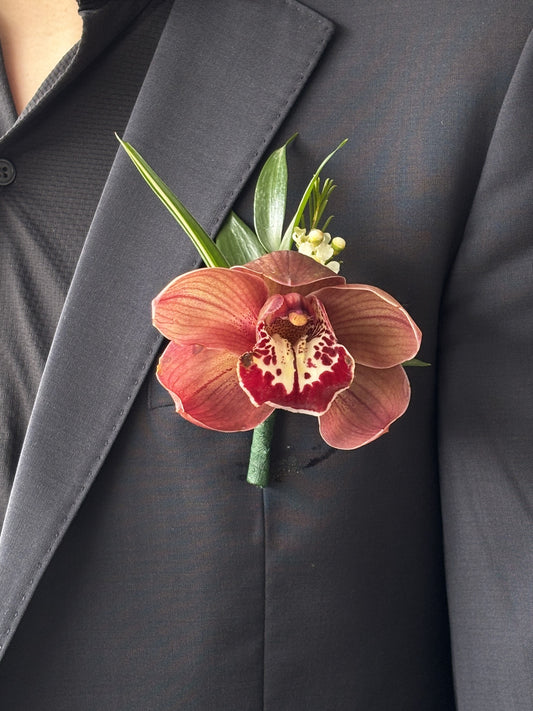 Fresh Flower Boutonnières- Red Brown Cymbidium Orchid
