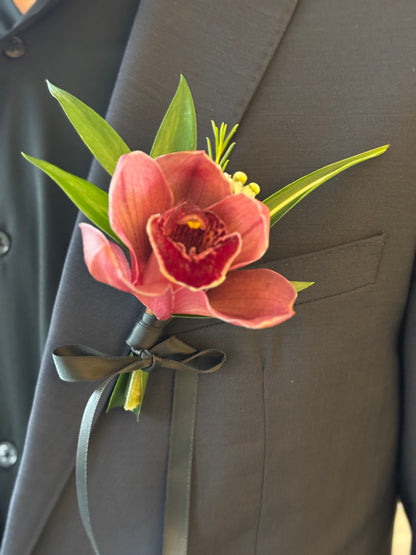 Fresh Flower Boutonnières- Red Brown Cymbidium Orchid