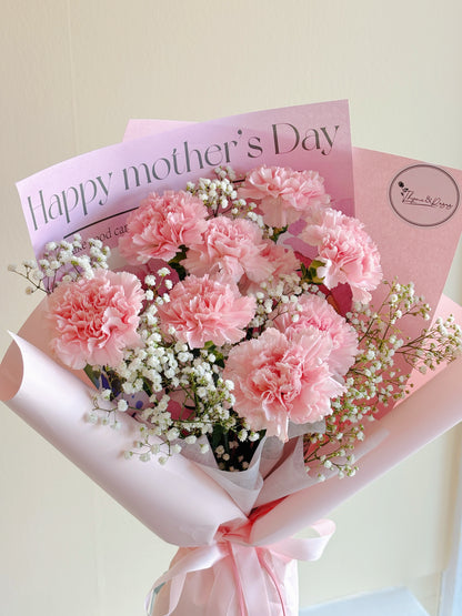 Mother's Day Bouquet - 9 Pink  Carnations  + Baby's Breath