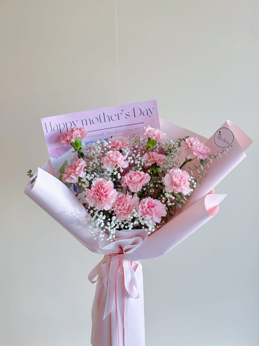Mother's Day Bouquet - 12 Pink Carnations + Baby's Breath