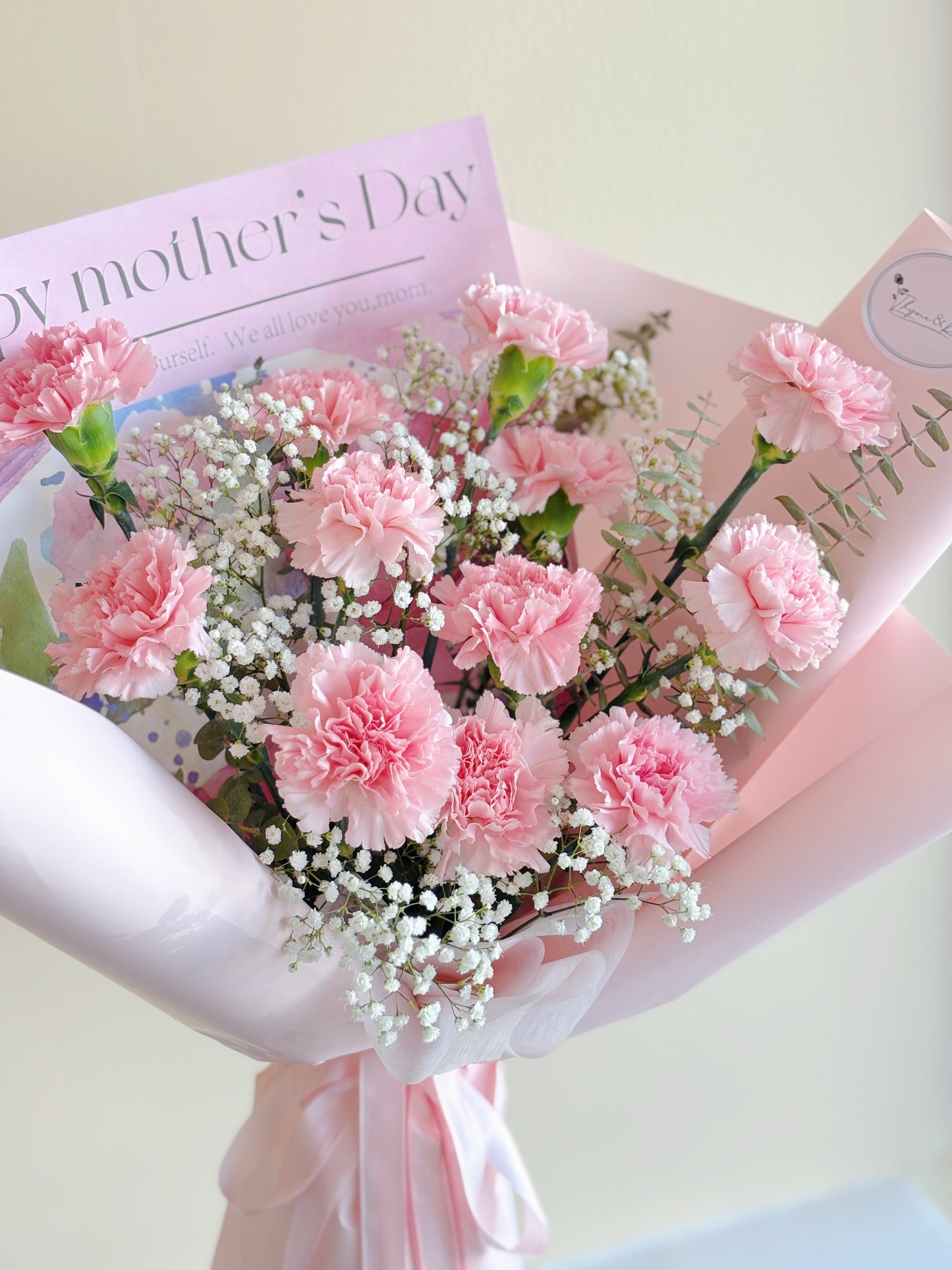 Mother's Day Bouquet - 12 Pink Carnations + Baby's Breath