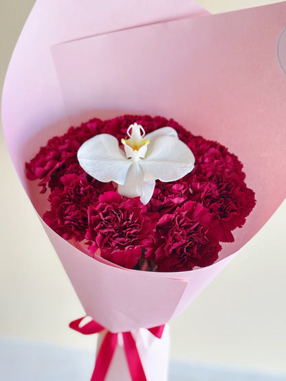 Mother's Day Bouquet - 9 Red Carnations + Orchid