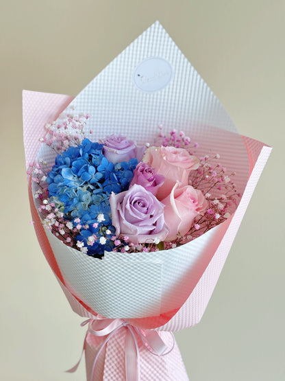 Hydrangea and Roses Mixed Bouquet Purple