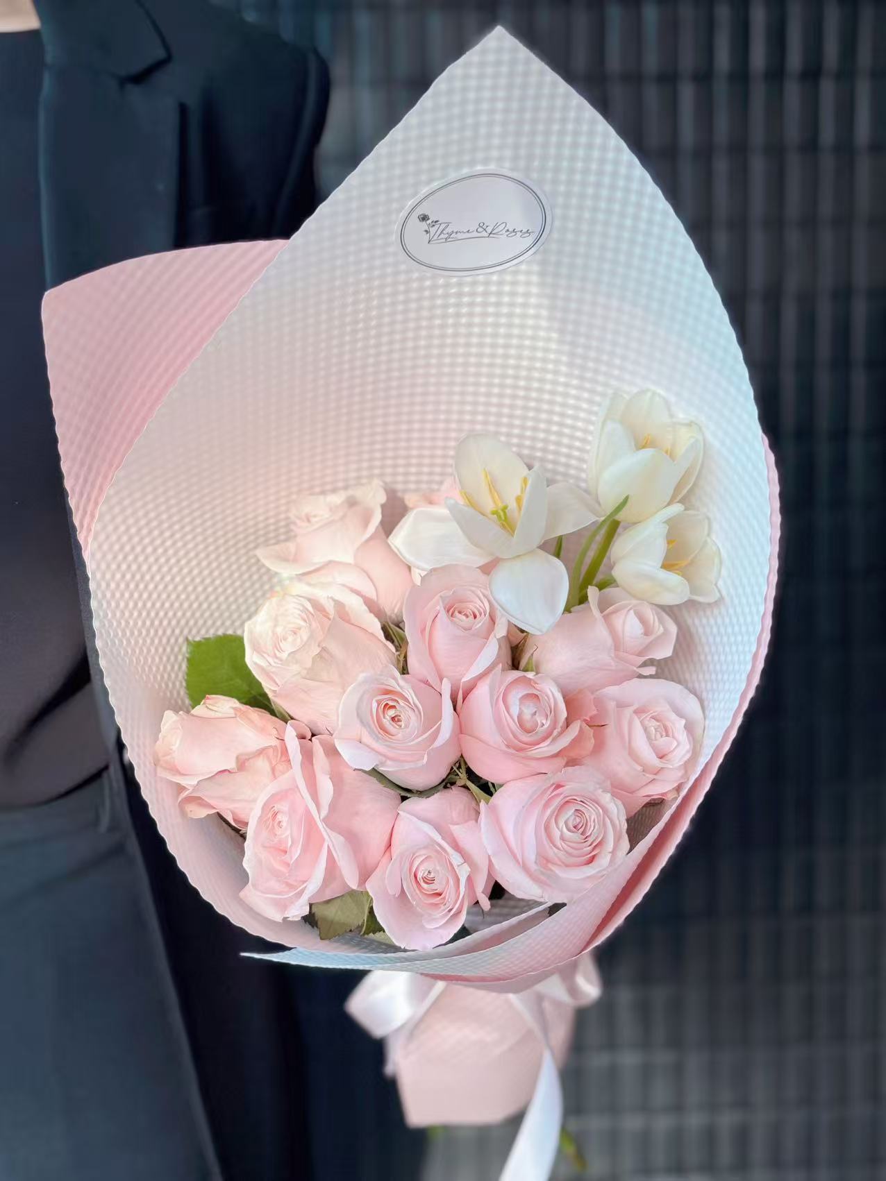 12 Pink roses & white tulips bouquet