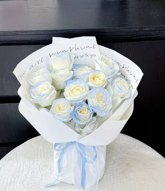 Ocean Whisper-12 blue-tinted white roses bouquet