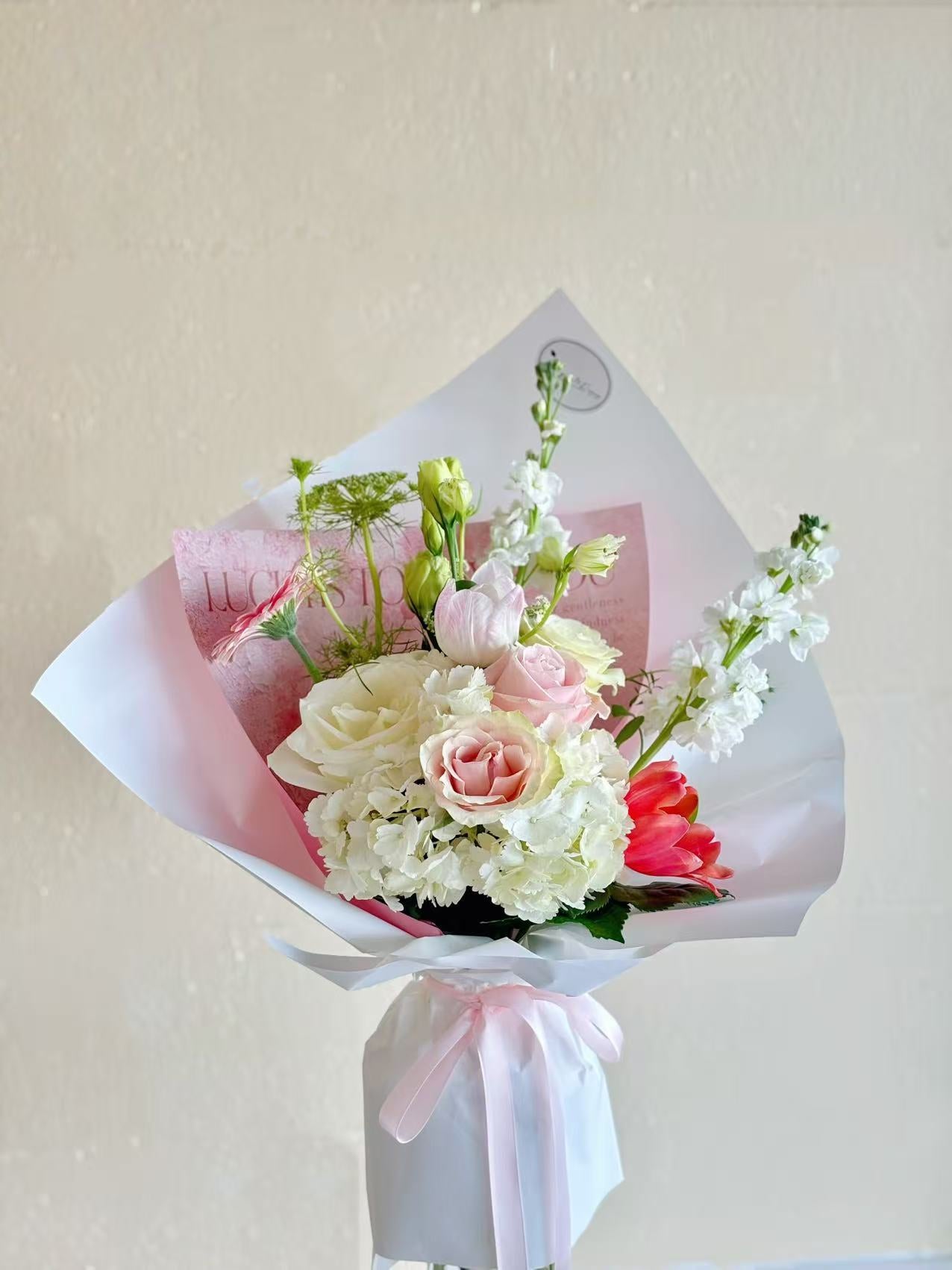 White hydrangea pink mixed bouquet