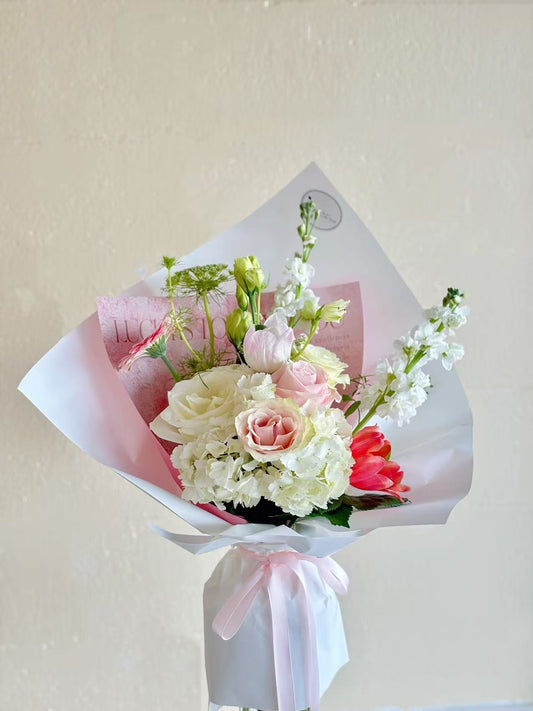 White hydrangea pink mixed bouquet