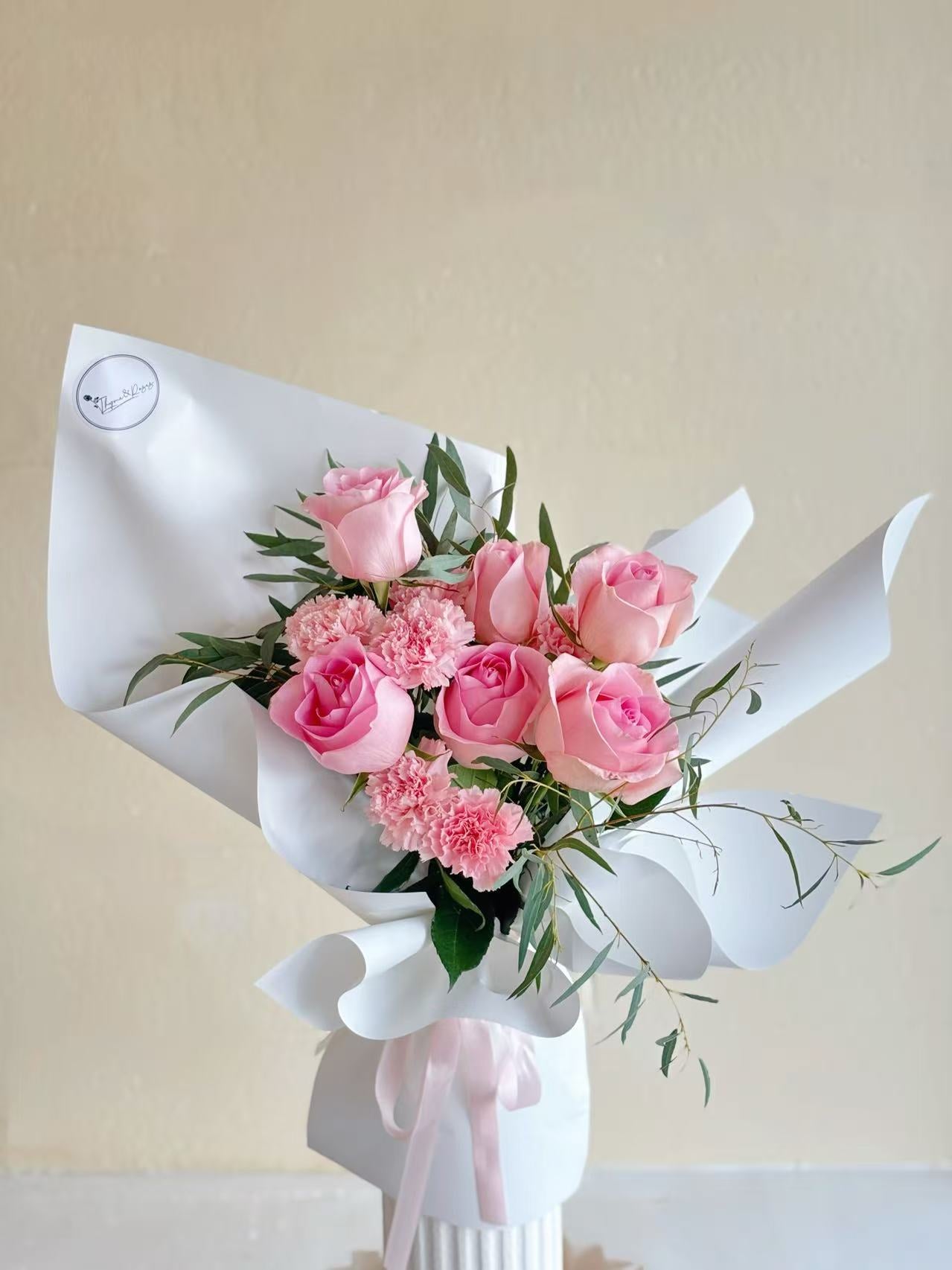 Sweet Harmony - 6 pink roses & 6 pink carnations bouquet