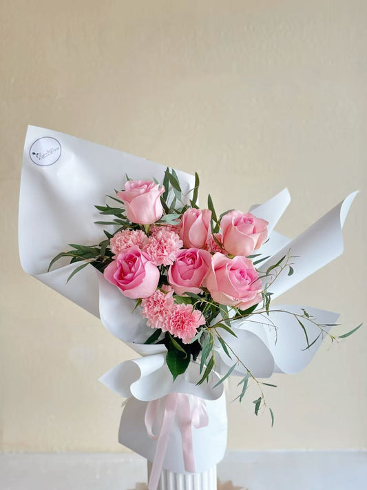 Sweet Harmony - 6 pink roses & 6 pink carnations bouquet