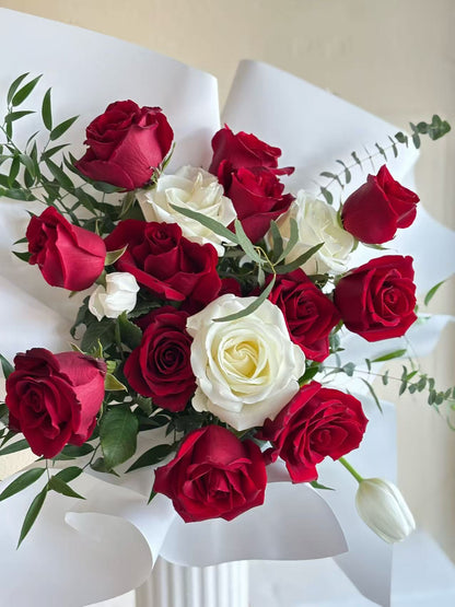 Love & Purity - 11 red roses & white roses bouquet