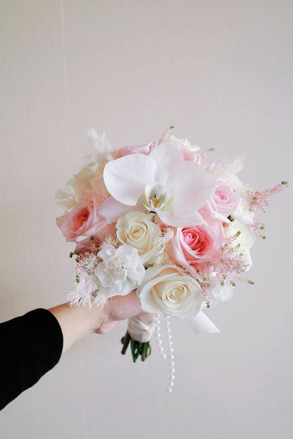 Round Bridal Bouquet-Orchids and Pink & White roses