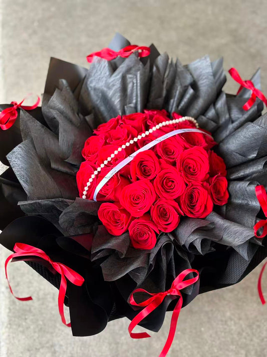 Timeless Love-24 red roses with black wrapping bouquet